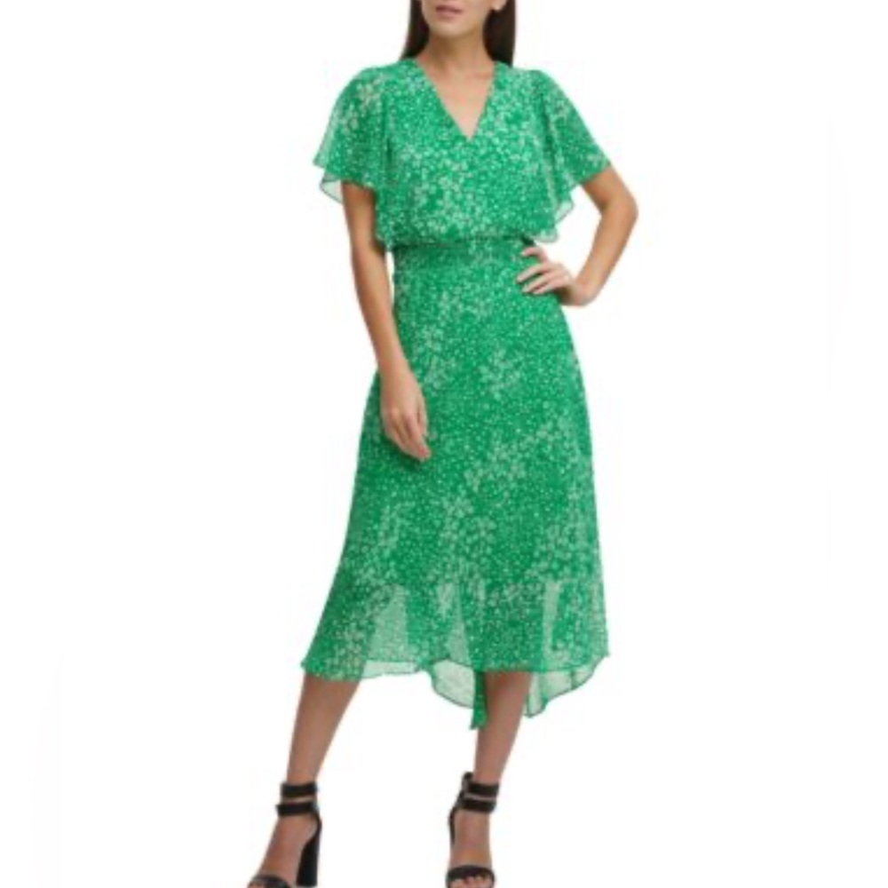 Green Floral Midi Dress with Flutter Sleeves